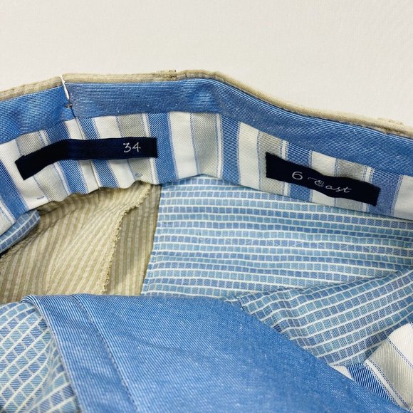 NWT 6 East Beige w/ Tan Stripe Seersucker Ctn Unfinished Flat Front Pants 34X38 - Picture 6 of 10